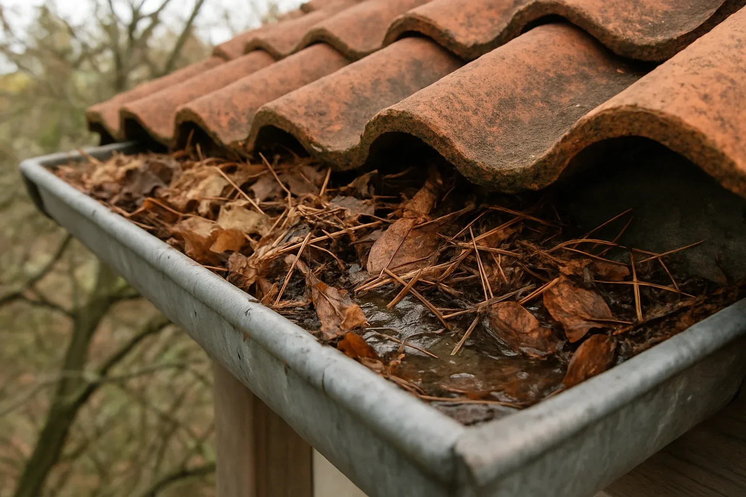 Canalón de un tejado lleno de hojas secas y suciedad