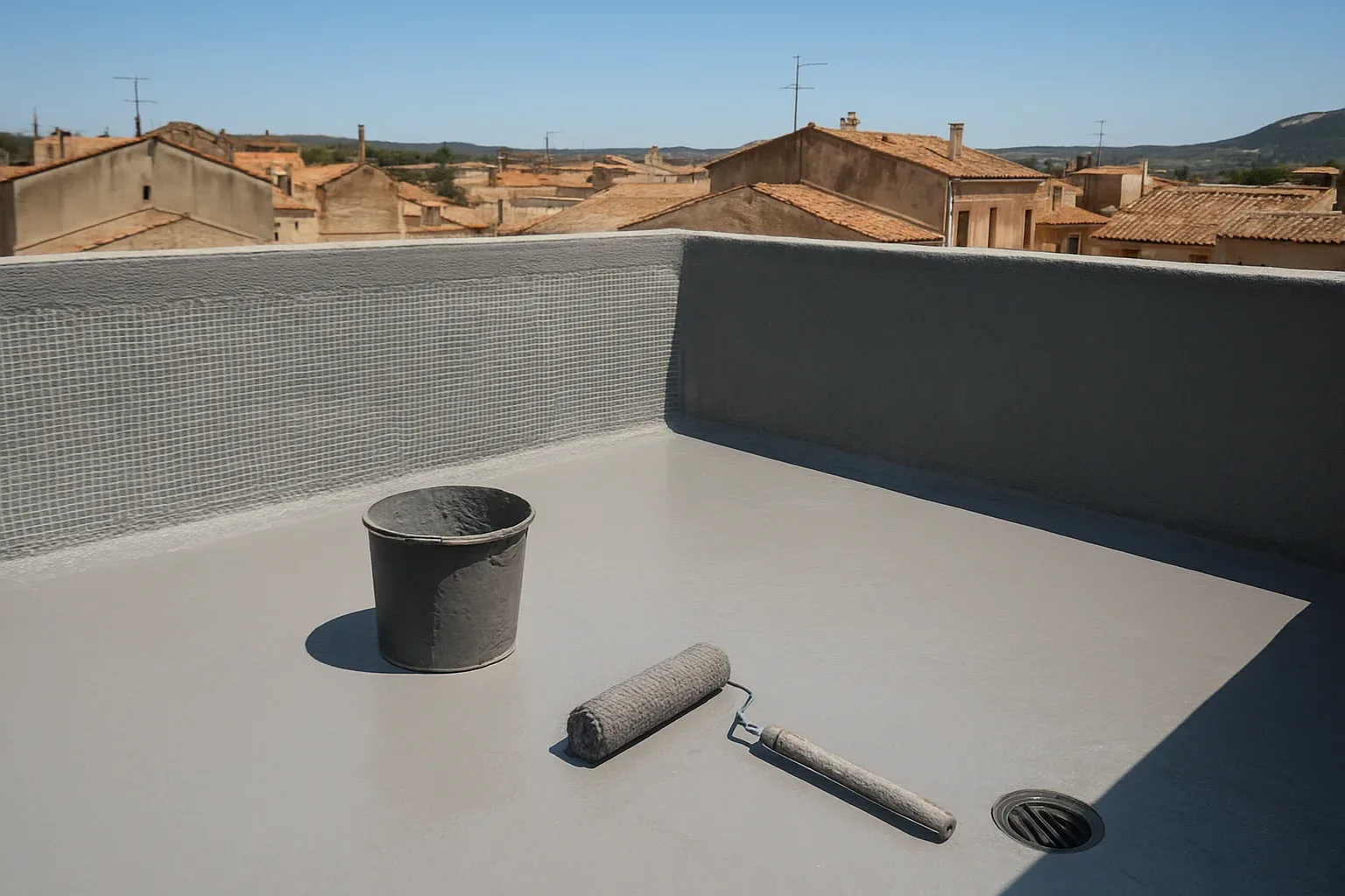 Terraza con una membrana impermeabilizante líquida recién aplicada y un rodillo